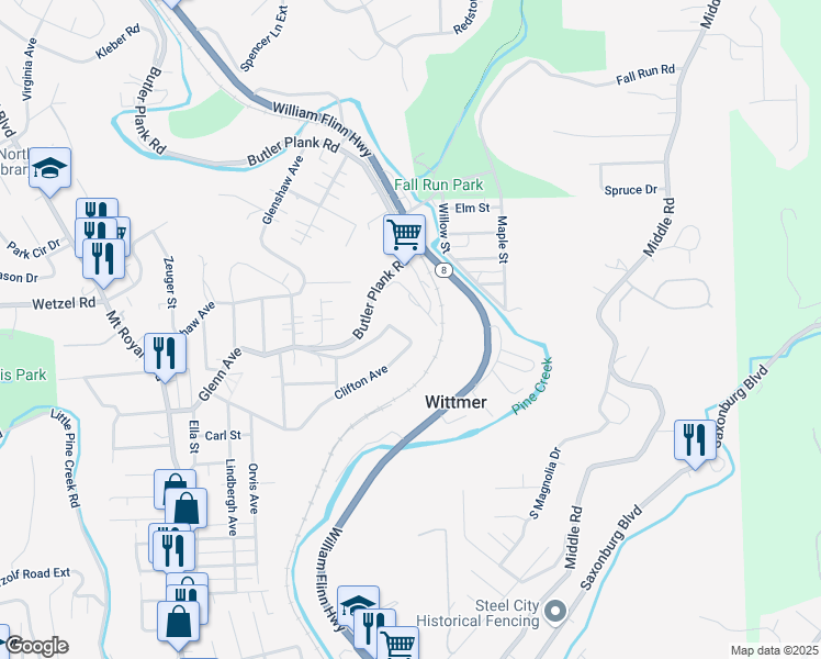 map of restaurants, bars, coffee shops, grocery stores, and more near 534 Clifton Avenue in Glenshaw