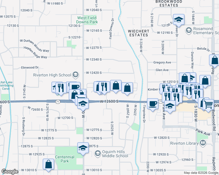 map of restaurants, bars, coffee shops, grocery stores, and more near 2548 Mont Sur Drive in Riverton