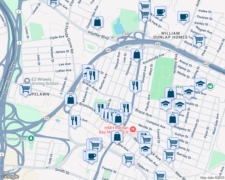 map of restaurants, bars, coffee shops, grocery stores, and more near 619 Lee Street in Perth Amboy
