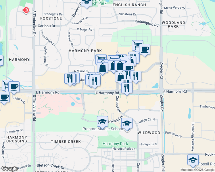 map of restaurants, bars, coffee shops, grocery stores, and more near 2640 East Harmony Road in Fort Collins