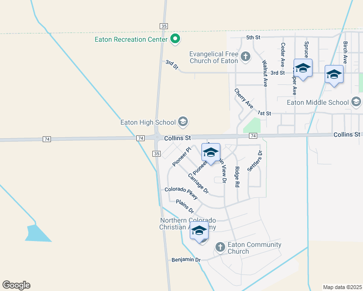 map of restaurants, bars, coffee shops, grocery stores, and more near 1652 Pioneer Place in Eaton