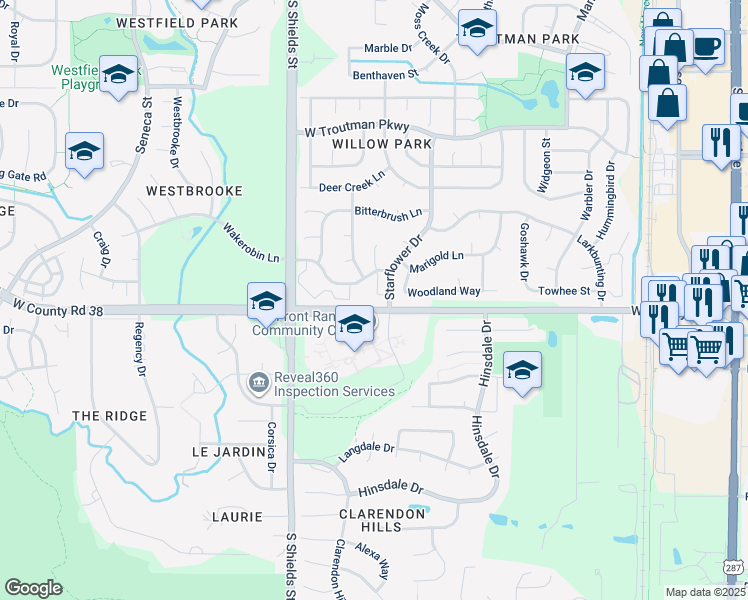 map of restaurants, bars, coffee shops, grocery stores, and more near 4533 Starflower Drive in Fort Collins