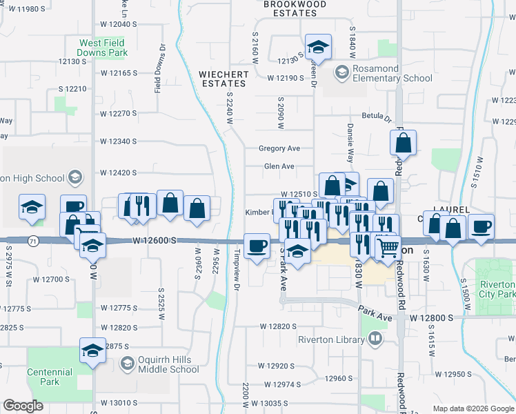 map of restaurants, bars, coffee shops, grocery stores, and more near 2184 Kimber Lane in Riverton