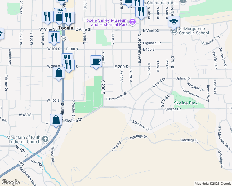 map of restaurants, bars, coffee shops, grocery stores, and more near 218 Stansbury Circle in Tooele