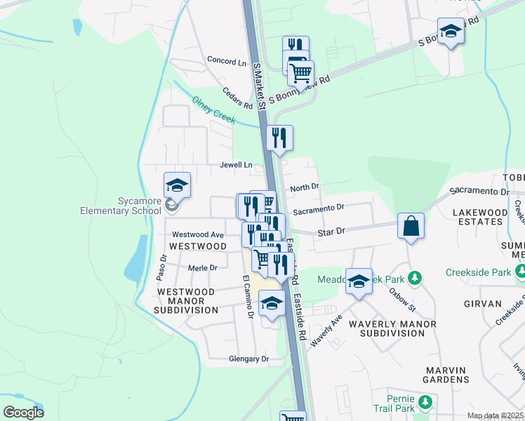 map of restaurants, bars, coffee shops, grocery stores, and more near 6246 Westside Road in Redding