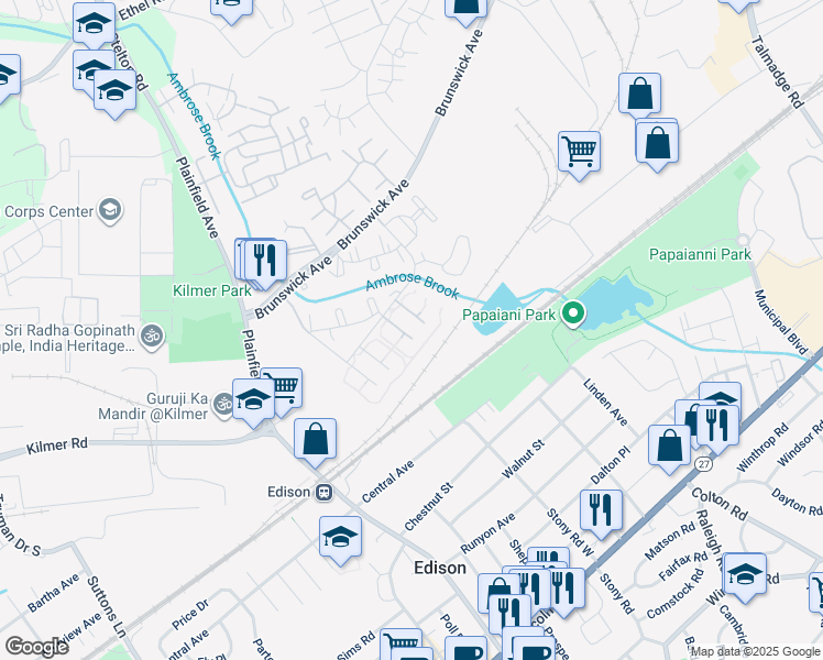 map of restaurants, bars, coffee shops, grocery stores, and more near 1640 Raspberry Court in Edison