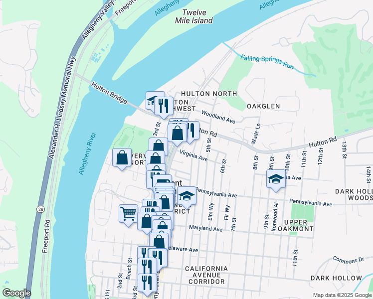 map of restaurants, bars, coffee shops, grocery stores, and more near 377 Virginia Avenue in Oakmont