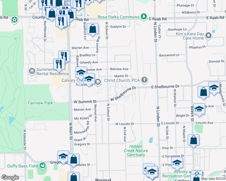 map of restaurants, bars, coffee shops, grocery stores, and more near 1007 Sheryl Lane in Normal