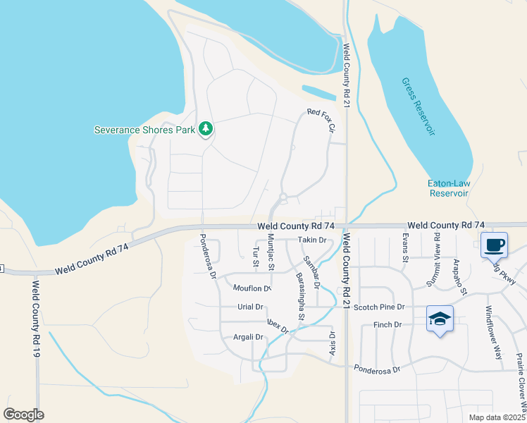 map of restaurants, bars, coffee shops, grocery stores, and more near 1403 Fox Ridge Parkway in Severance