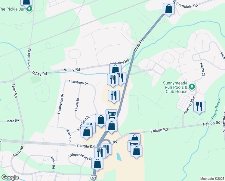map of restaurants, bars, coffee shops, grocery stores, and more near 256 U.S. 206 in Somerset County