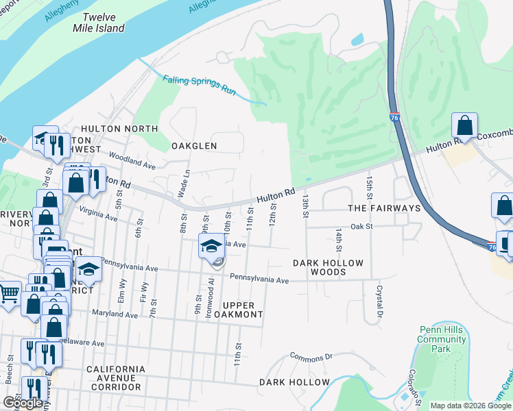 map of restaurants, bars, coffee shops, grocery stores, and more near 866 11th Street in Oakmont