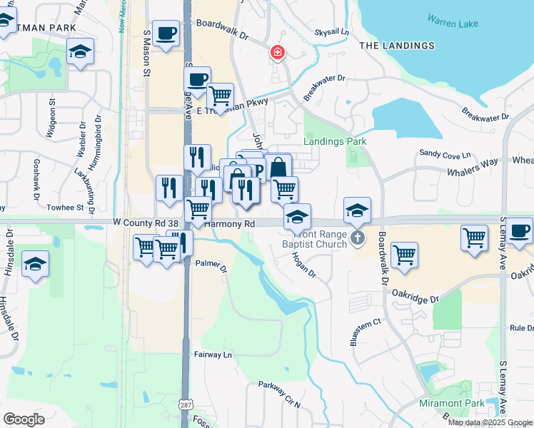 map of restaurants, bars, coffee shops, grocery stores, and more near 320 East Harmony Road in Fort Collins
