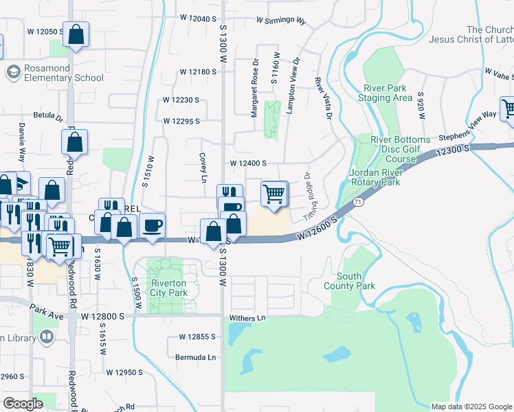 map of restaurants, bars, coffee shops, grocery stores, and more near 1233 W 12500 S in Riverton