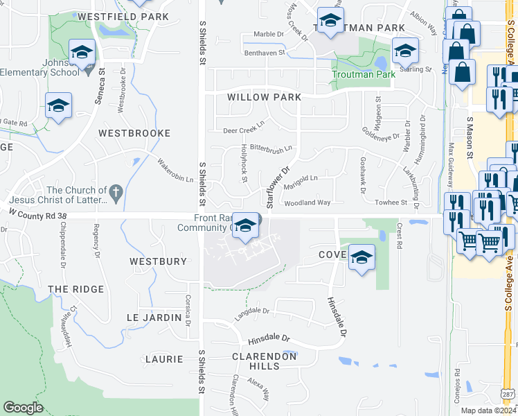 map of restaurants, bars, coffee shops, grocery stores, and more near 4533 Starflower Drive in Fort Collins