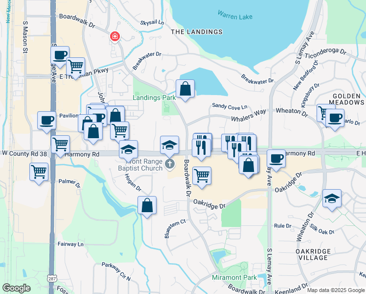 map of restaurants, bars, coffee shops, grocery stores, and more near 4543 East Boardwalk Drive in Fort Collins