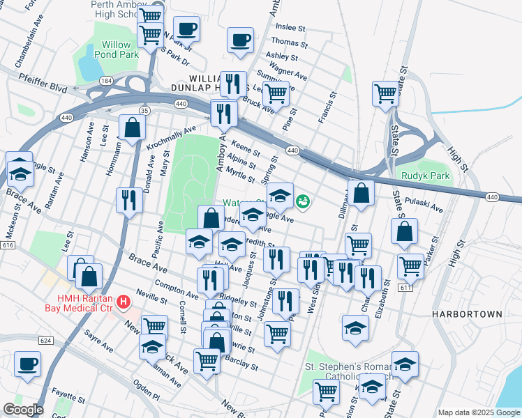 map of restaurants, bars, coffee shops, grocery stores, and more near 761 Francis Street in Perth Amboy