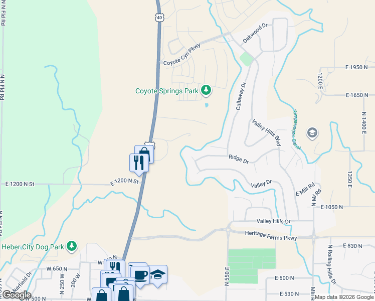 map of restaurants, bars, coffee shops, grocery stores, and more near 1290 North Valley Drive in Heber City