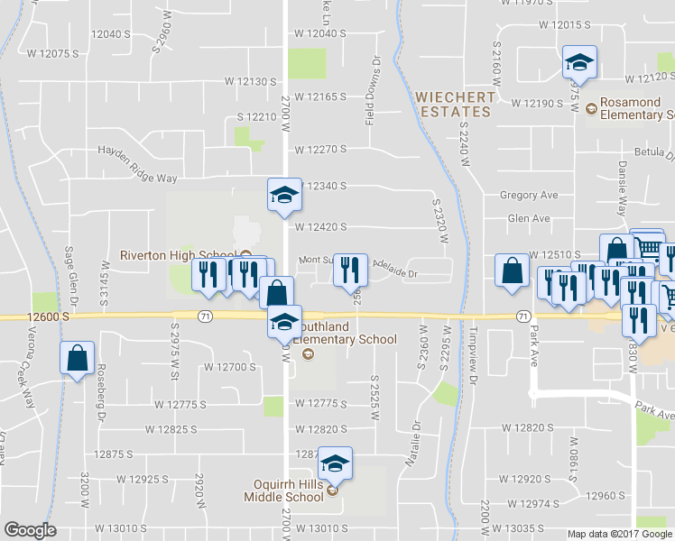 map of restaurants, bars, coffee shops, grocery stores, and more near 12509 Falls Creek Road in Riverton