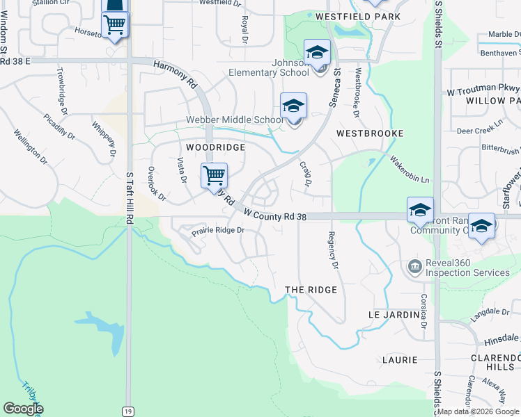map of restaurants, bars, coffee shops, grocery stores, and more near 63 West Harmony Road in Fort Collins