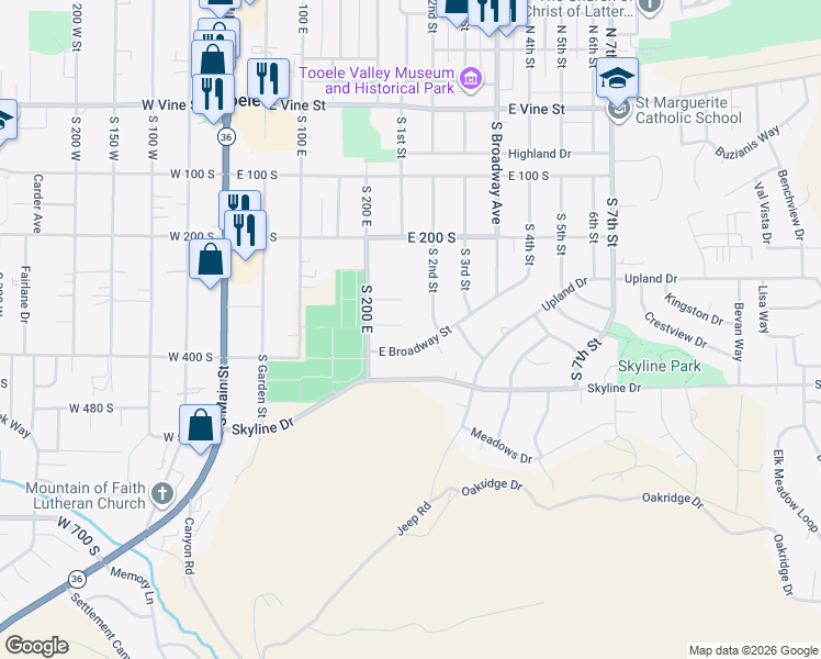 map of restaurants, bars, coffee shops, grocery stores, and more near 218 Stansbury Circle in Tooele