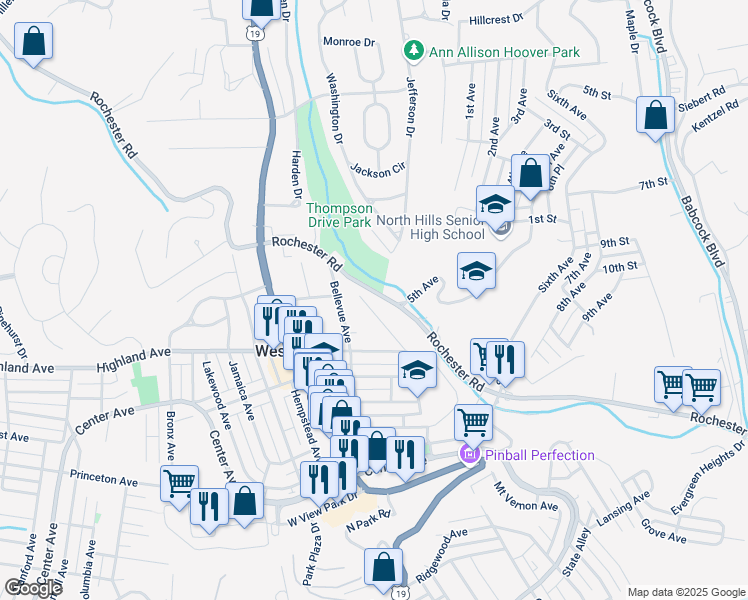 map of restaurants, bars, coffee shops, grocery stores, and more near 46 Rochester Road in Pittsburgh