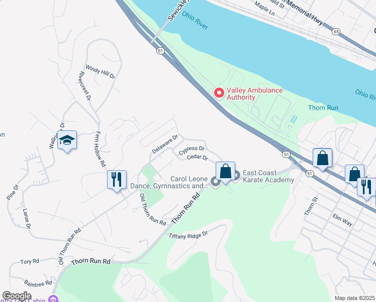 map of restaurants, bars, coffee shops, grocery stores, and more near 496 Cypress Drive in Coraopolis