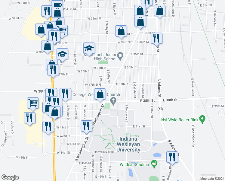 map of restaurants, bars, coffee shops, grocery stores, and more near 3715 South Washington Street in Marion