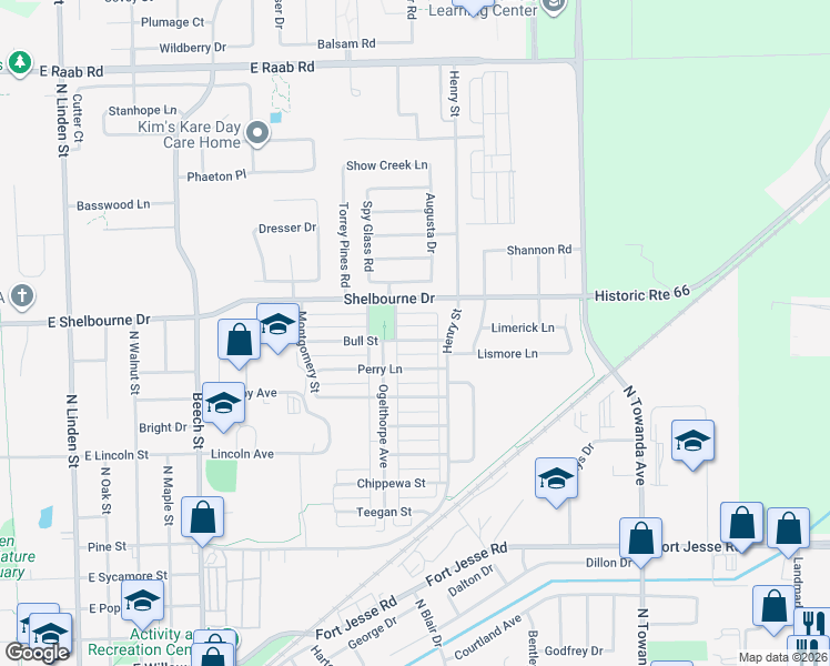 map of restaurants, bars, coffee shops, grocery stores, and more near 1108 Bull St in Normal