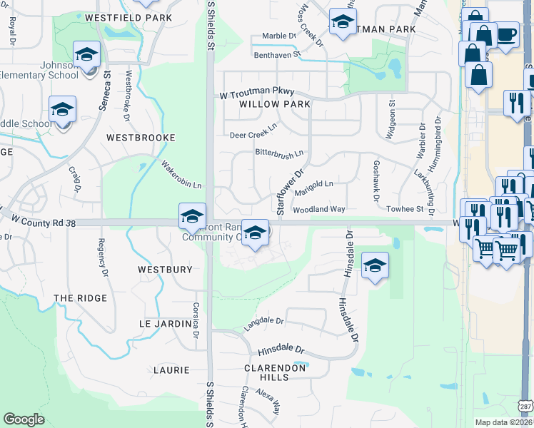 map of restaurants, bars, coffee shops, grocery stores, and more near 4533 Starflower Drive in Fort Collins