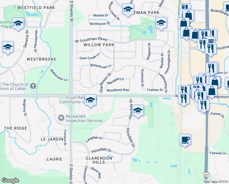 map of restaurants, bars, coffee shops, grocery stores, and more near 737 Woodland Way in Fort Collins