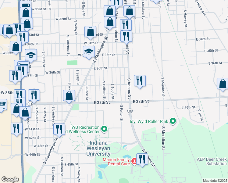 map of restaurants, bars, coffee shops, grocery stores, and more near 3721 South Boots Street in Marion