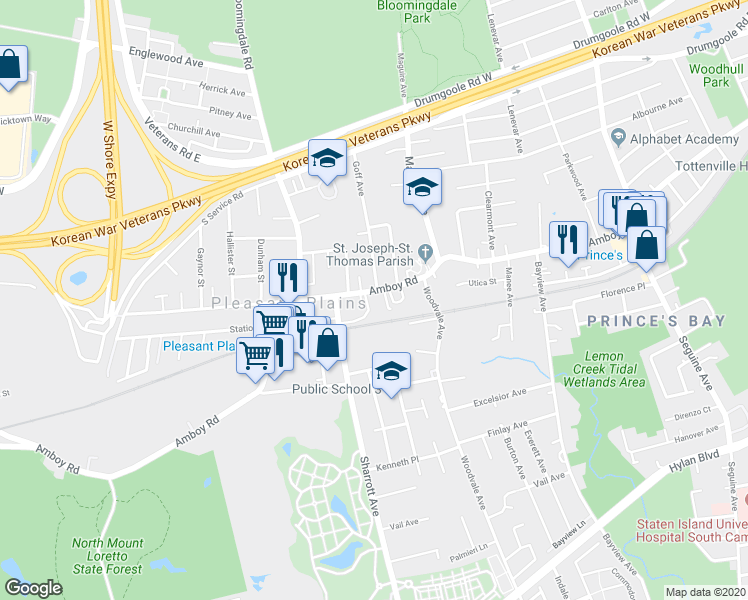 map of restaurants, bars, coffee shops, grocery stores, and more near 6192 Amboy Road in Staten Island