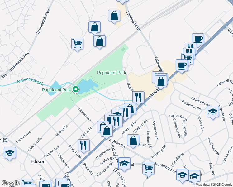 map of restaurants, bars, coffee shops, grocery stores, and more near 6 Wallace Street in Edison