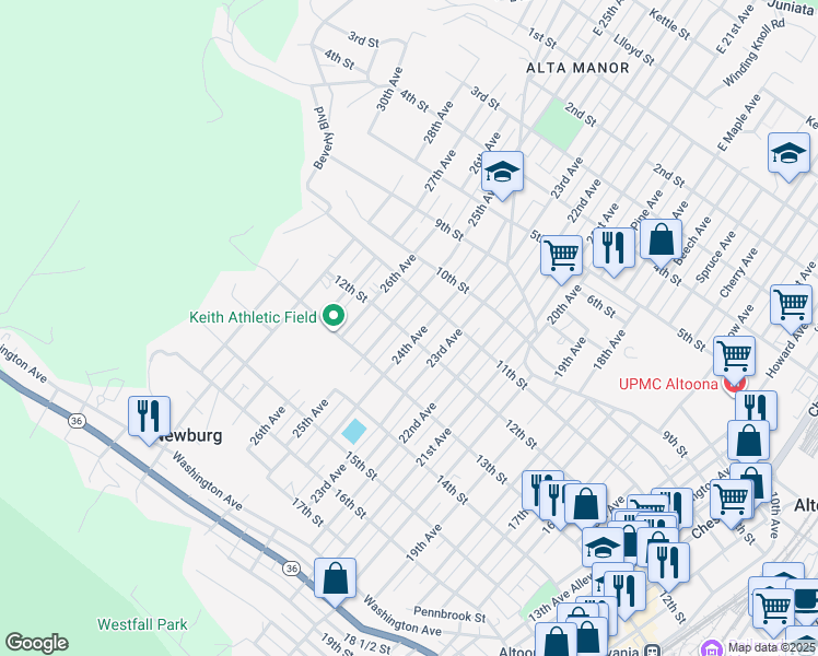 map of restaurants, bars, coffee shops, grocery stores, and more near 2406-08 12th Street in Altoona
