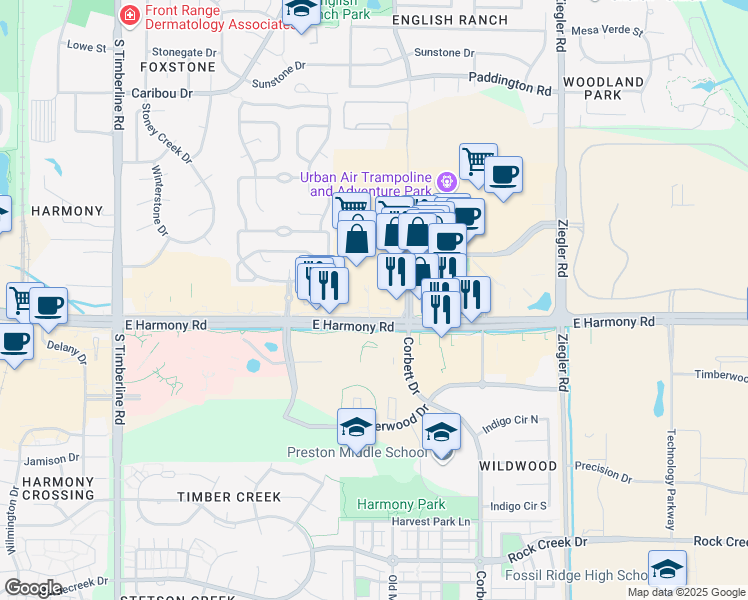 map of restaurants, bars, coffee shops, grocery stores, and more near 2640 East Harmony Road in Fort Collins