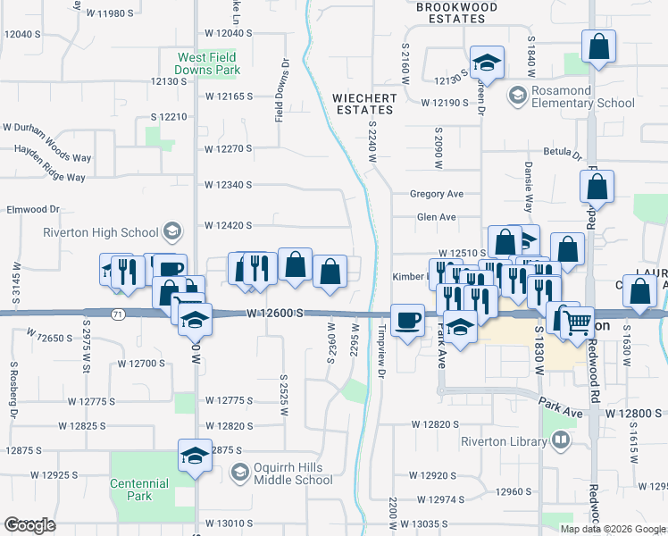 map of restaurants, bars, coffee shops, grocery stores, and more near 2372 Adelaide Drive in Riverton