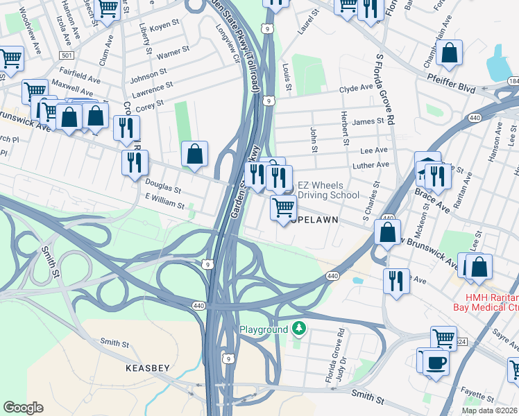 map of restaurants, bars, coffee shops, grocery stores, and more near 41 Emmett Avenue in Perth Amboy