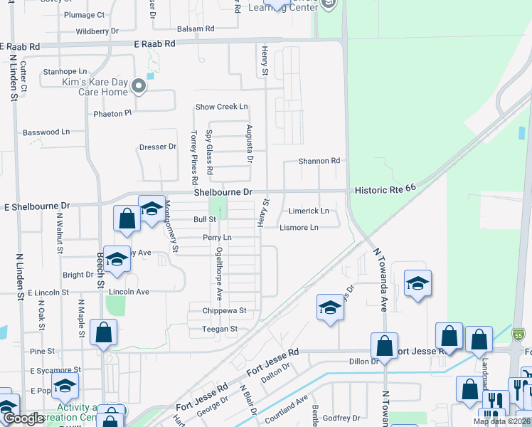 map of restaurants, bars, coffee shops, grocery stores, and more near 1404 Henry Street in Normal