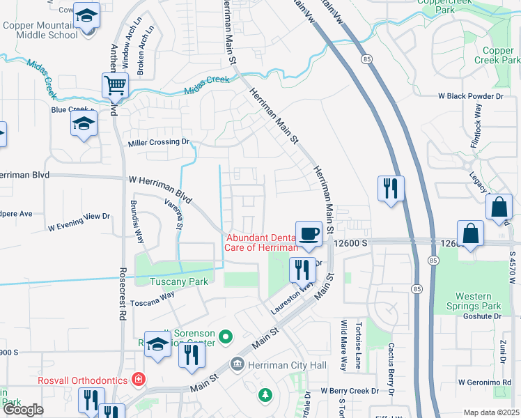 map of restaurants, bars, coffee shops, grocery stores, and more near 12506 Terrameer Avenue in Herriman