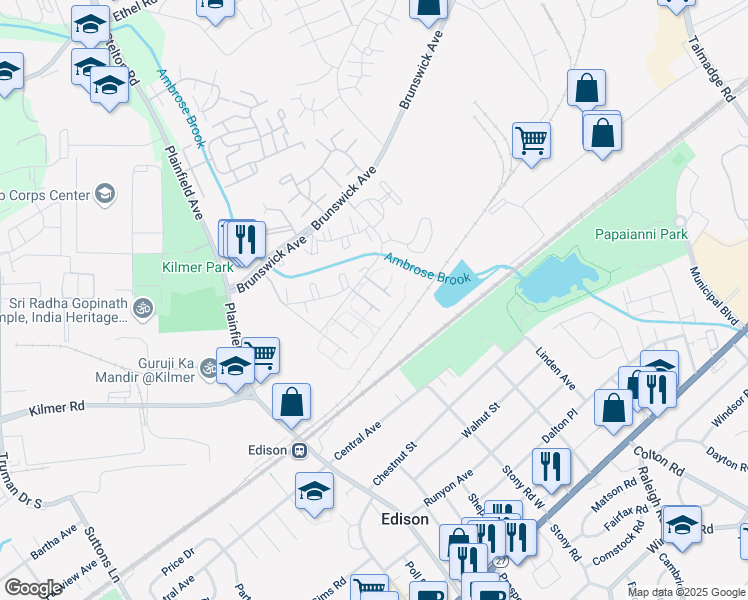 map of restaurants, bars, coffee shops, grocery stores, and more near 1640 Raspberry Court in Edison