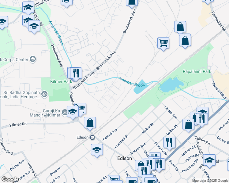map of restaurants, bars, coffee shops, grocery stores, and more near 1640 Raspberry Court in Edison