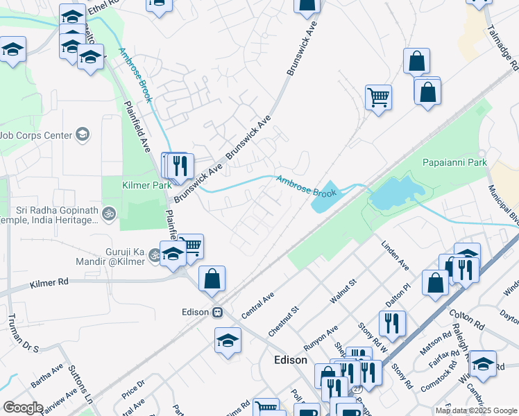 map of restaurants, bars, coffee shops, grocery stores, and more near 1640 Raspberry Court in Edison