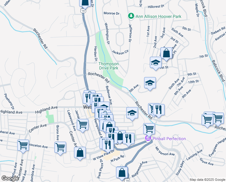 map of restaurants, bars, coffee shops, grocery stores, and more near 44 Rochester Road in Pittsburgh