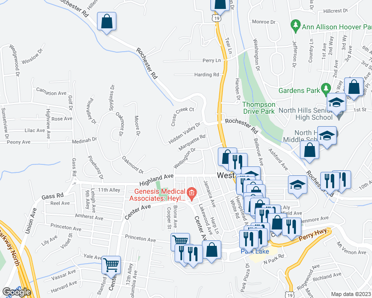 map of restaurants, bars, coffee shops, grocery stores, and more near 19 Marquette Road in Pittsburgh