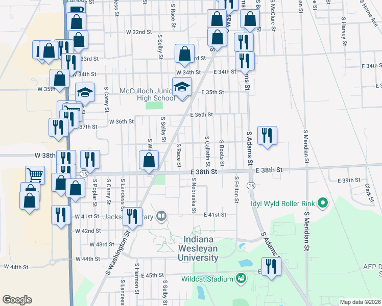 map of restaurants, bars, coffee shops, grocery stores, and more near 3726 South Nebraska Street in Marion