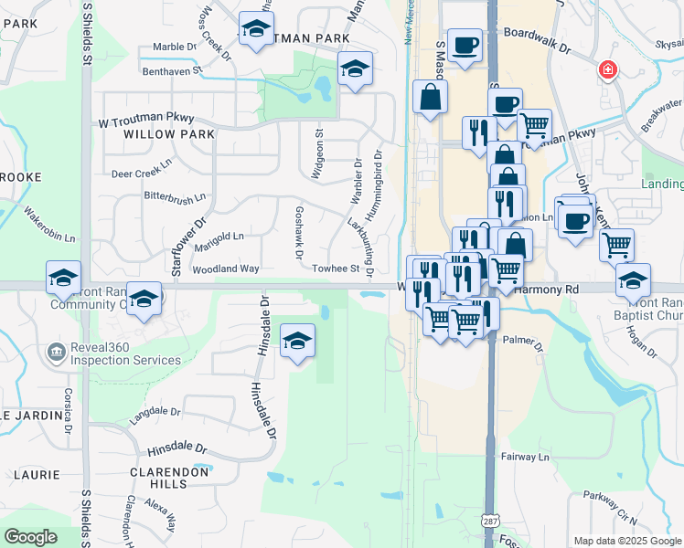 map of restaurants, bars, coffee shops, grocery stores, and more near 425 Towhee Street in Fort Collins