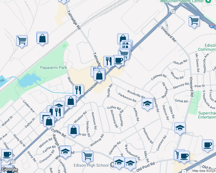 map of restaurants, bars, coffee shops, grocery stores, and more near 15 Sturgis Road in Edison