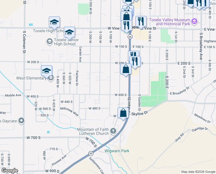 map of restaurants, bars, coffee shops, grocery stores, and more near 354 South 100 West in Tooele
