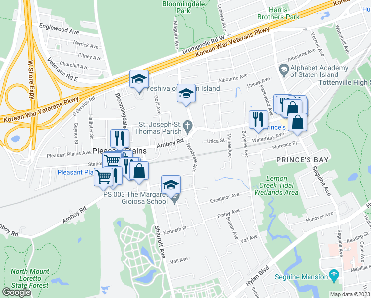 map of restaurants, bars, coffee shops, grocery stores, and more near 6138 Amboy Road in Staten Island