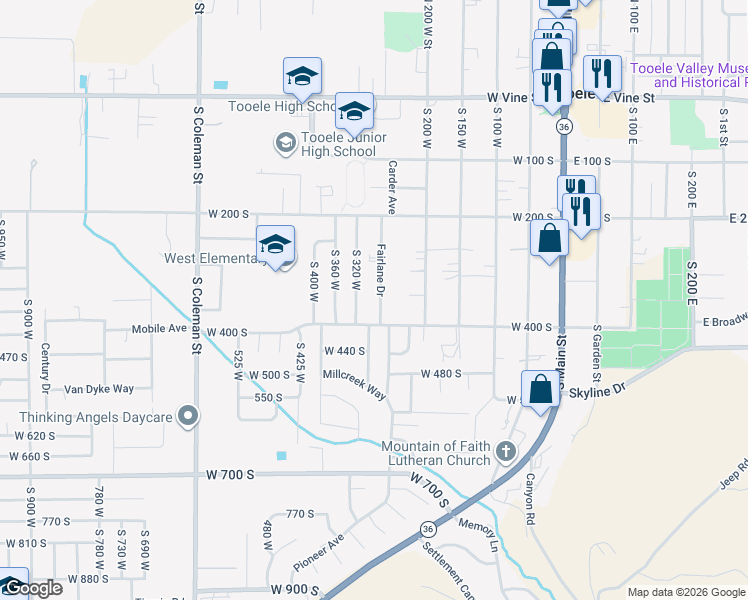 map of restaurants, bars, coffee shops, grocery stores, and more near 364 Fairlane Drive in Tooele
